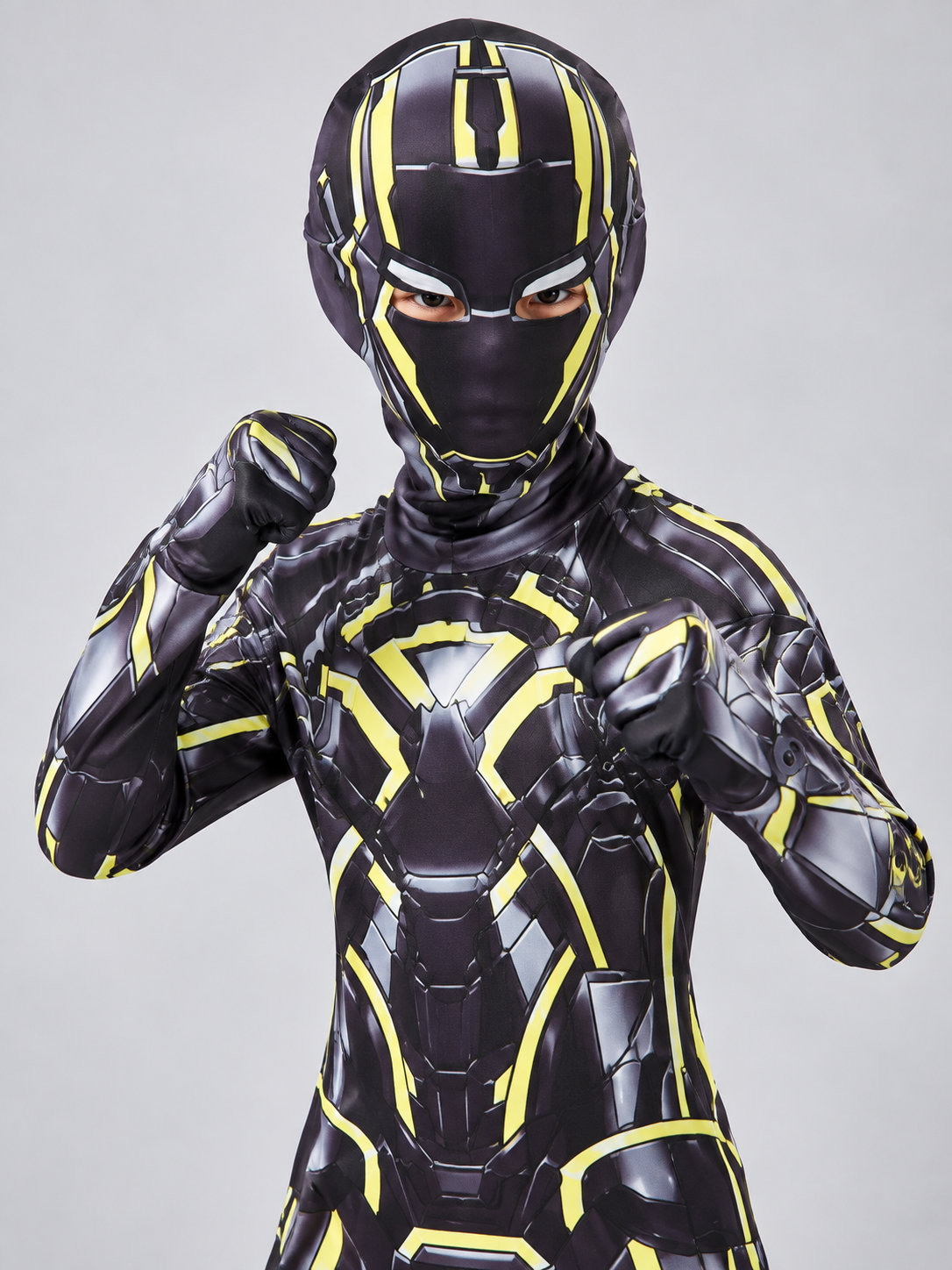 Kids' Black Superhero Costume with Mask and Yellow Lines