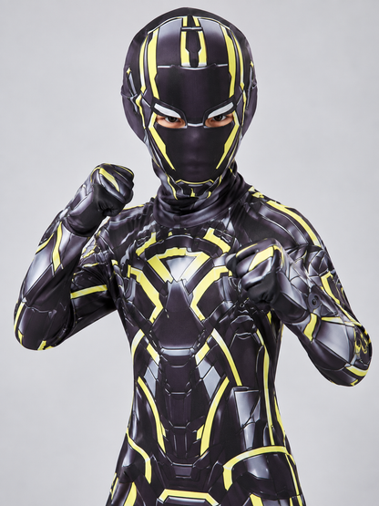 Kids' Black Superhero Costume with Mask and Yellow Lines