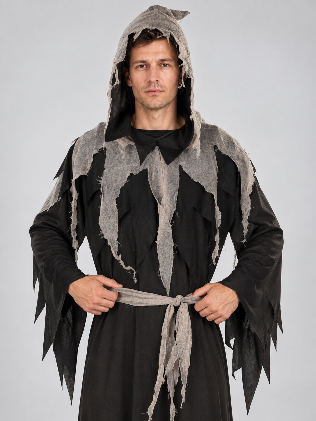 Black and Gray Vampire Costume with Hood and Belt