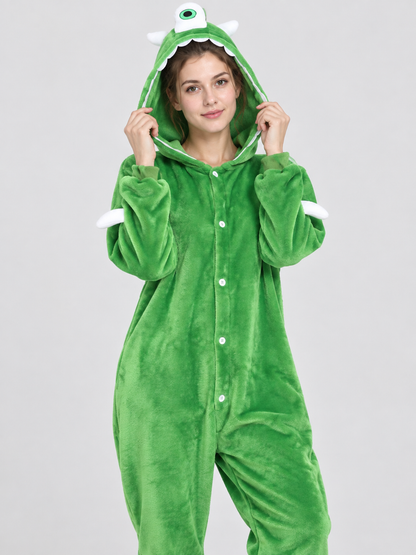 Insulated Green Hooded Pajama Jumpsuit with Decor