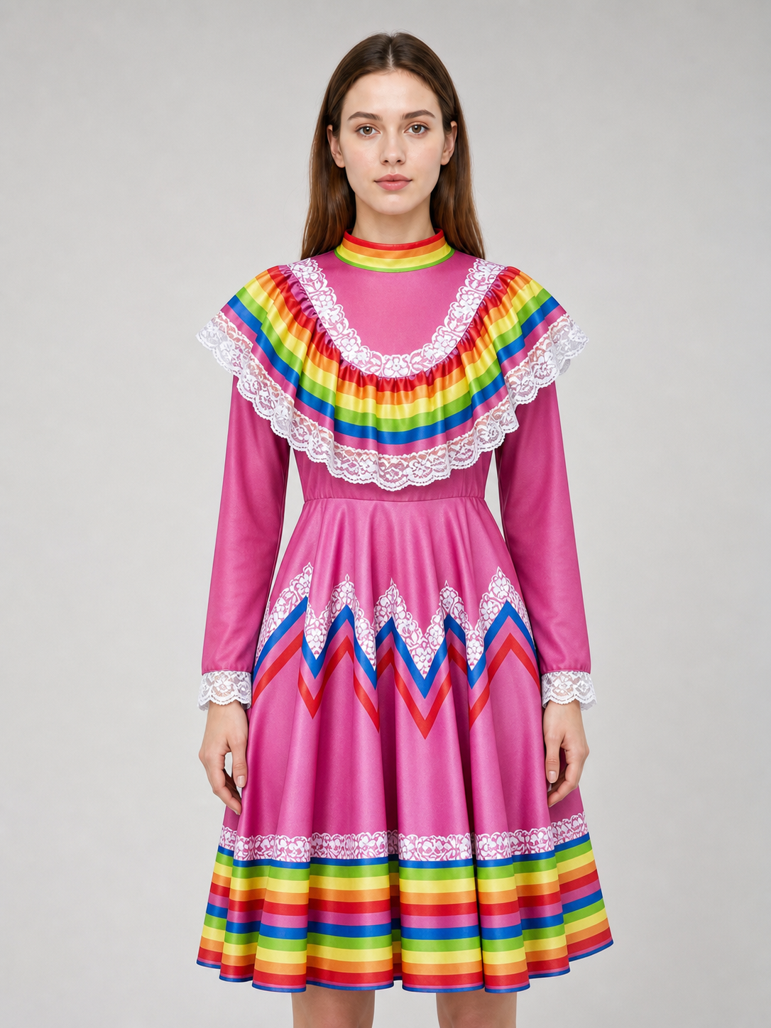 Folkloric Dress with a Full Skirt and Lace