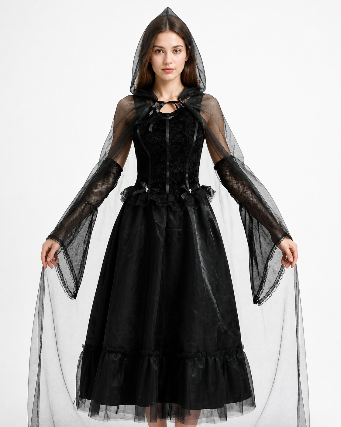 Black Gothic-Style Dress and Hooded Cape Costume Dresses detail 2