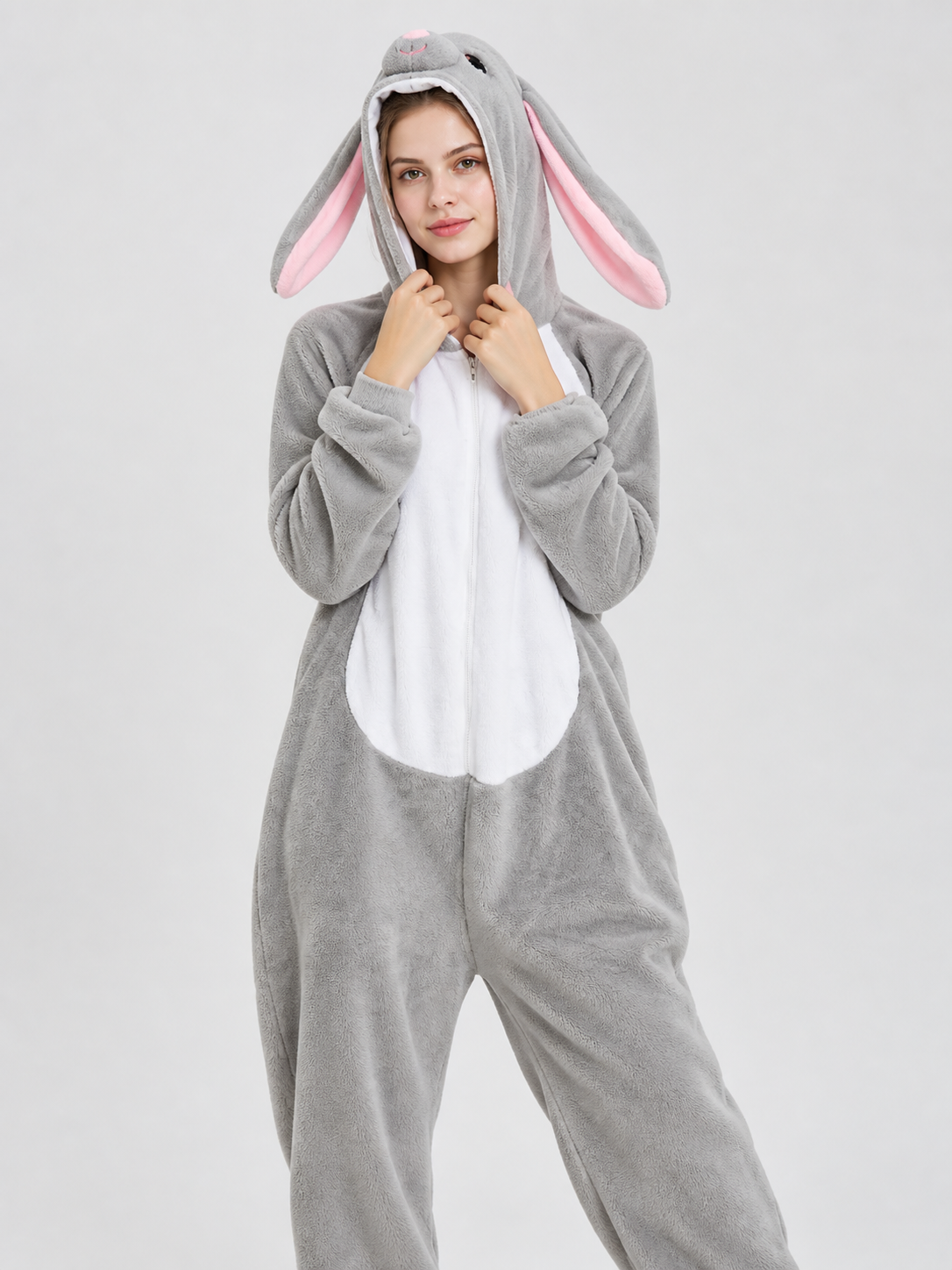 Gray Pajama Jumpsuit with Hood and Bunny Ears
