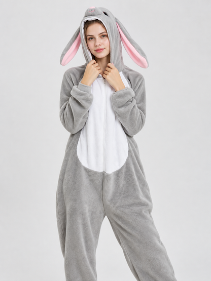 Gray Pajama Jumpsuit with Hood and Bunny Ears