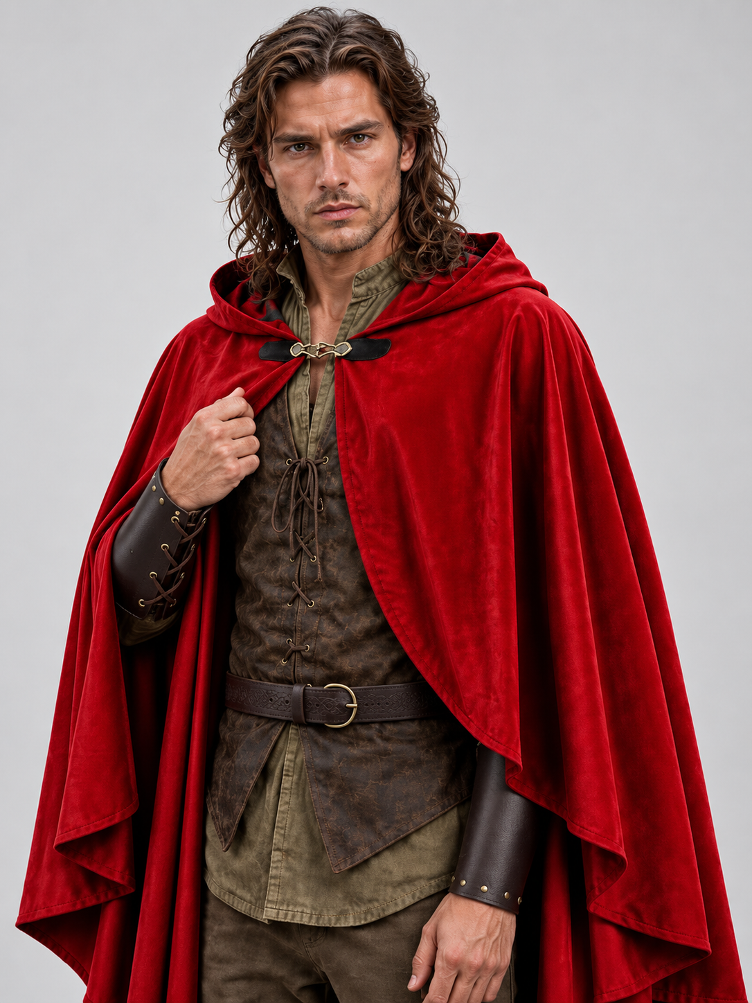 Medieval Costume with a Red Cape, Hood, and Belt