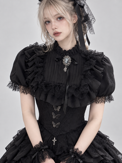 Black Gothic Lolita Blouse with Lace and Ruffles