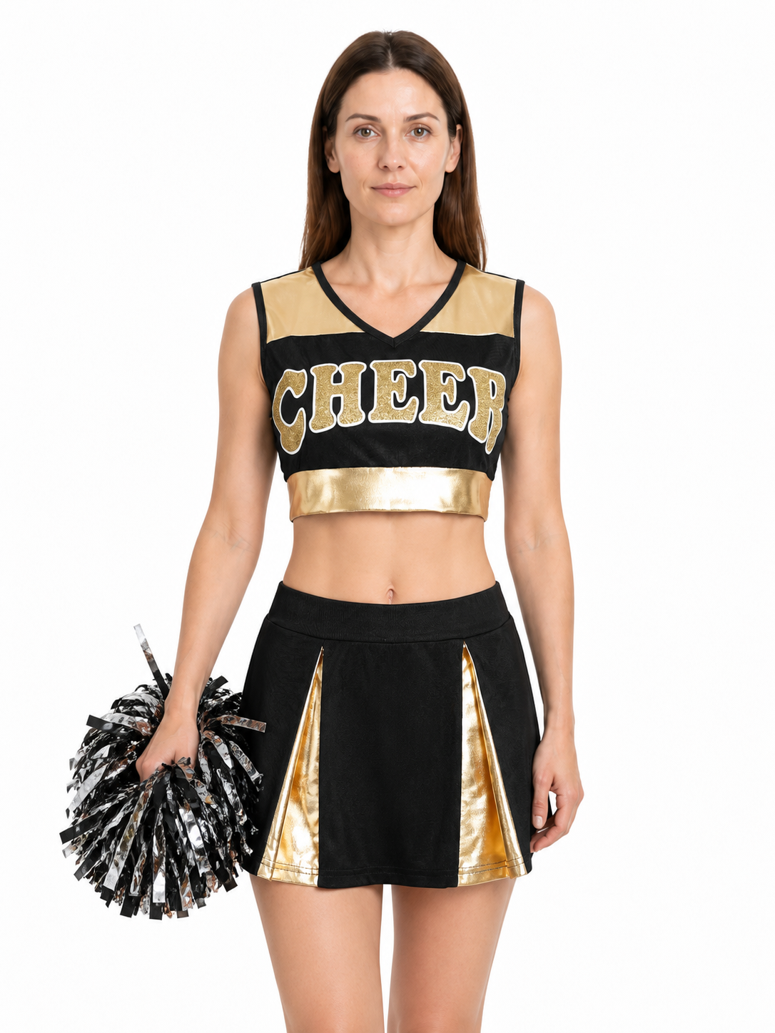 Cheerleading Set: Cheer Top, Gold-Trimmed Skirt, Pom-Poms upper body view