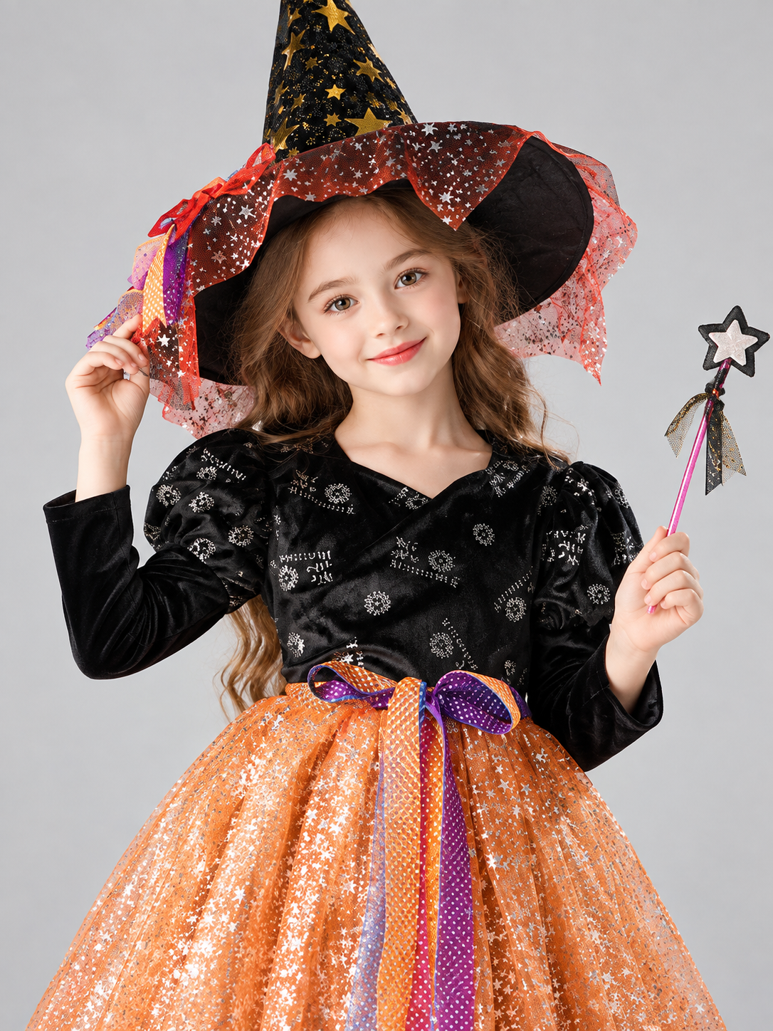 Kids' Witch Halloween Costume with Hat and Wand