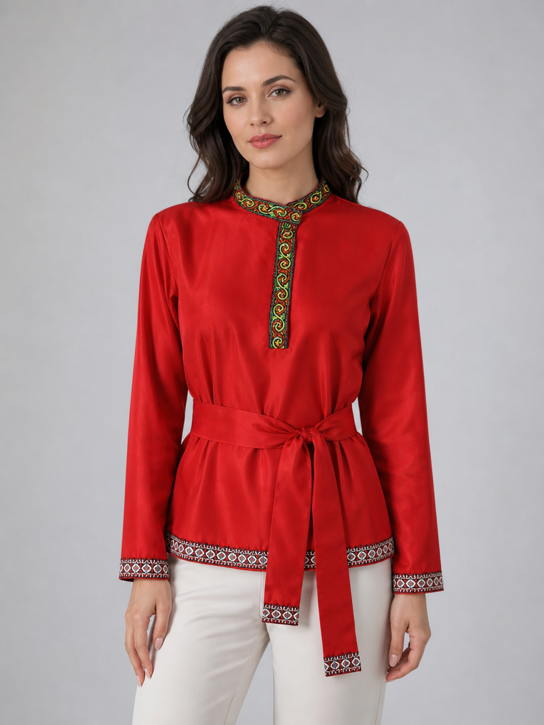 Red Tunic with Ornament, Stand-Up Collar, and Belt