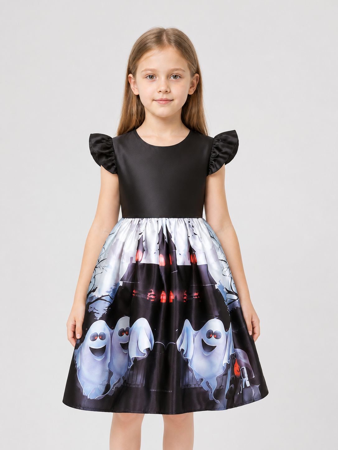 Halloween Dress with Pumpkin, Castle, and Ghost Prints