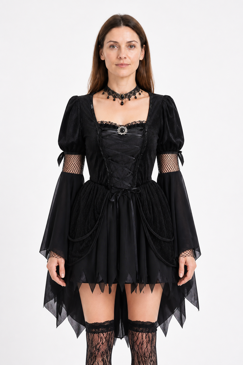 Black Gothic Dress with Asymmetrical Hem and Accessories Costume Dresses detail 3