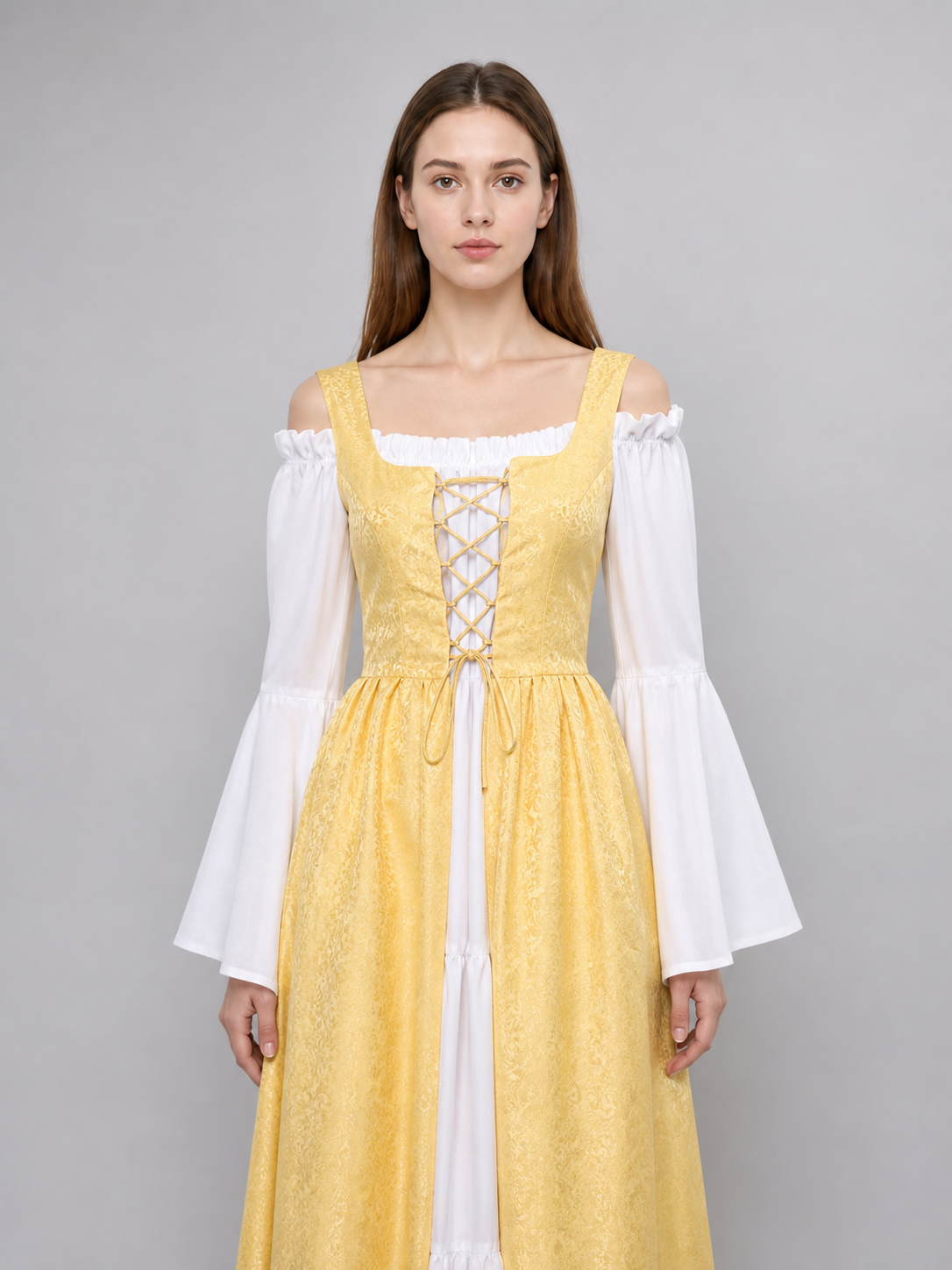 The yellow dress is designed in a fairytale costume style with distinctive