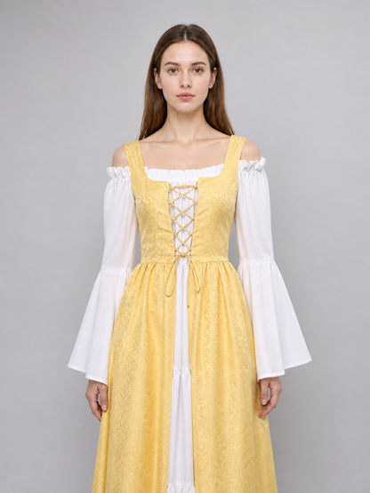 The yellow dress is designed in a fairytale costume style with distinctive