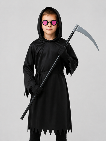 Skeleton Costume: Black Hooded Robe with Scythe