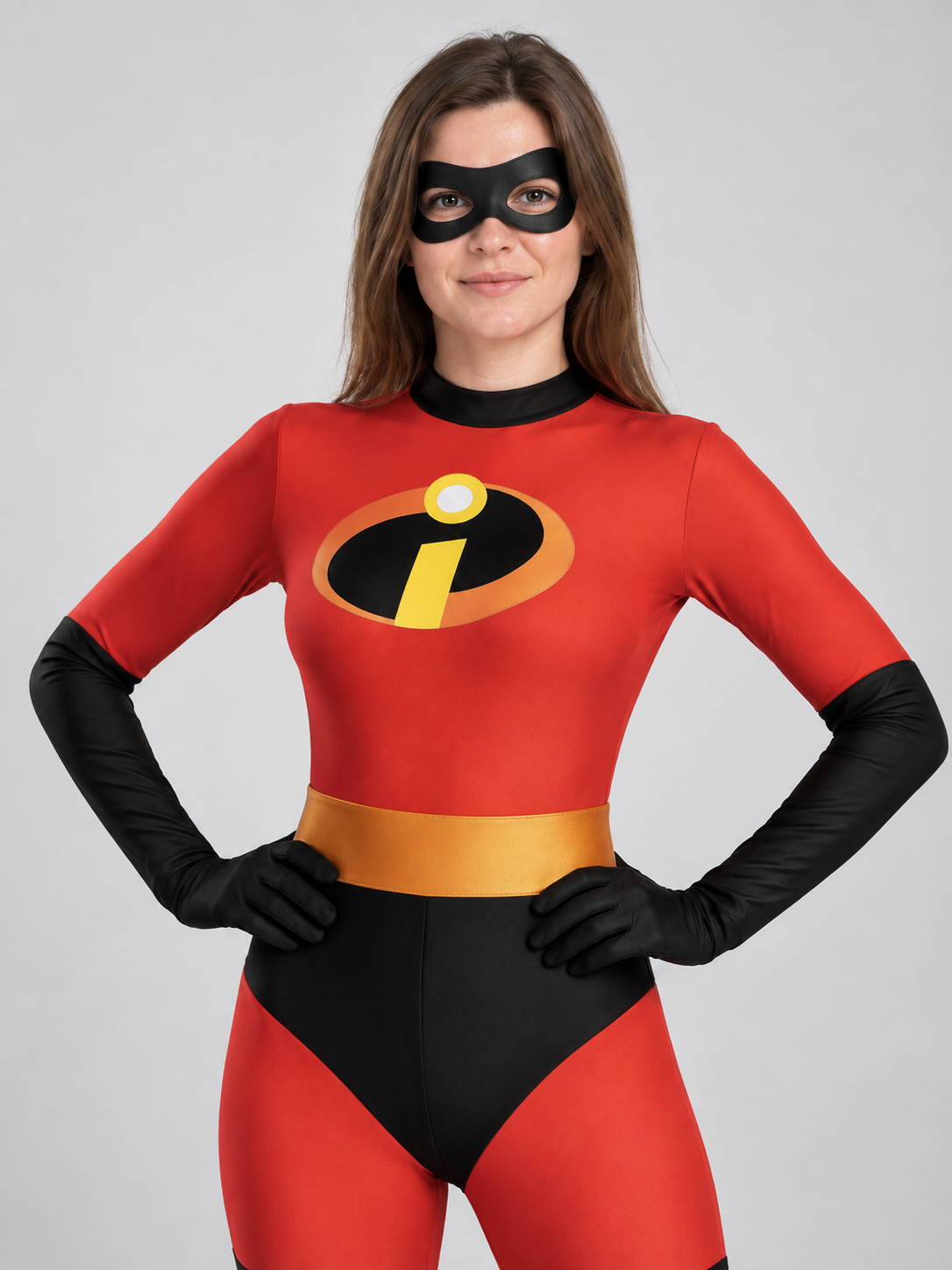 Red and black costume with mask, yellow belt, and emblem