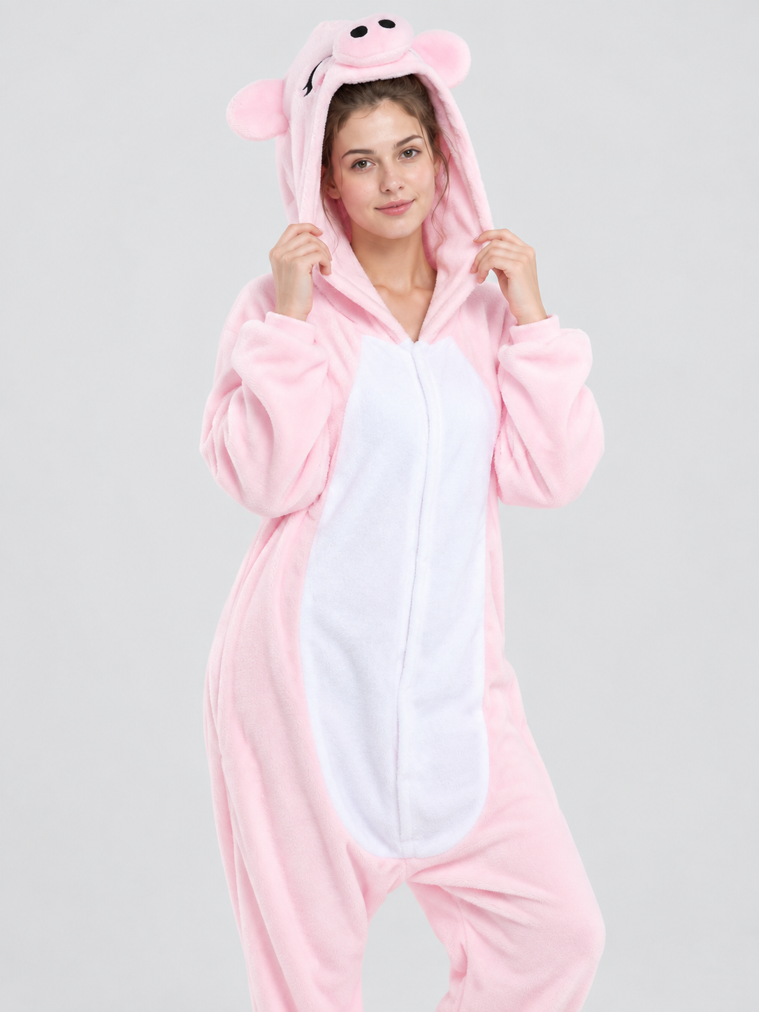 Kids' Pink and White Hooded Pajama Jumpsuit with Ears