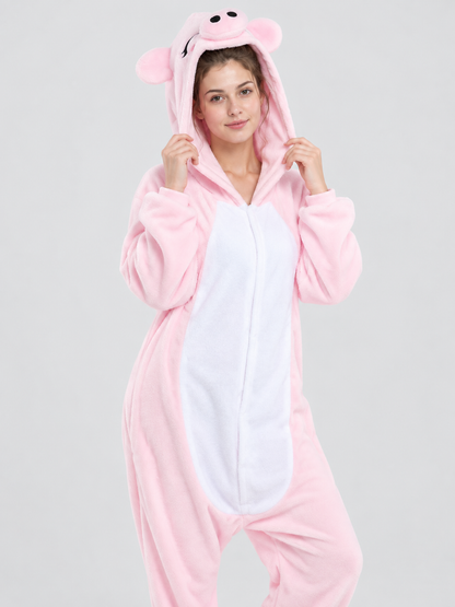 Kids' Pink and White Hooded Pajama Jumpsuit with Ears