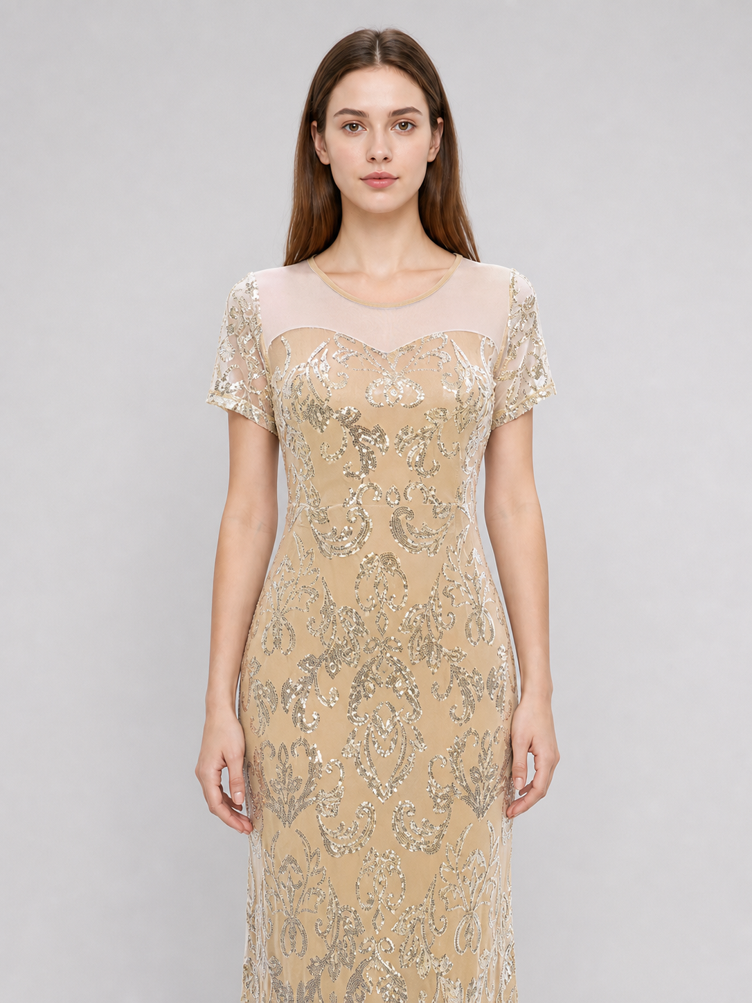 Long Evening Dress with Sequins and Pattern