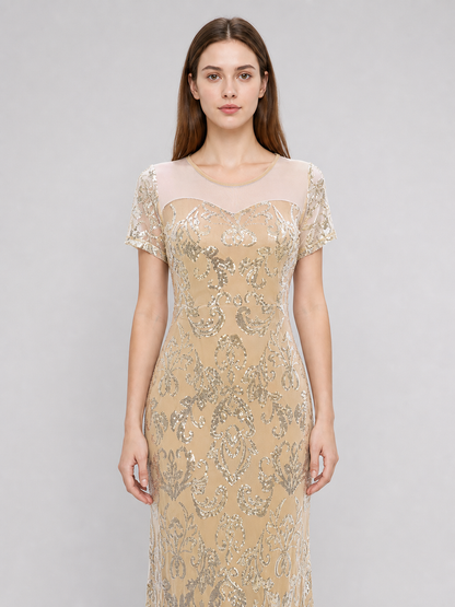 Long Evening Dress with Sequins and Pattern