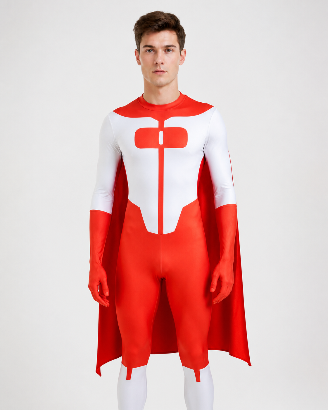 Red-and-White Jumpsuit with Cape and Long Sleeves