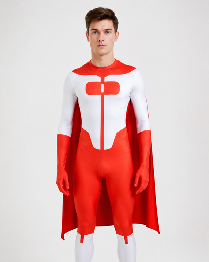 Red-and-White Jumpsuit with Cape and Long Sleeves