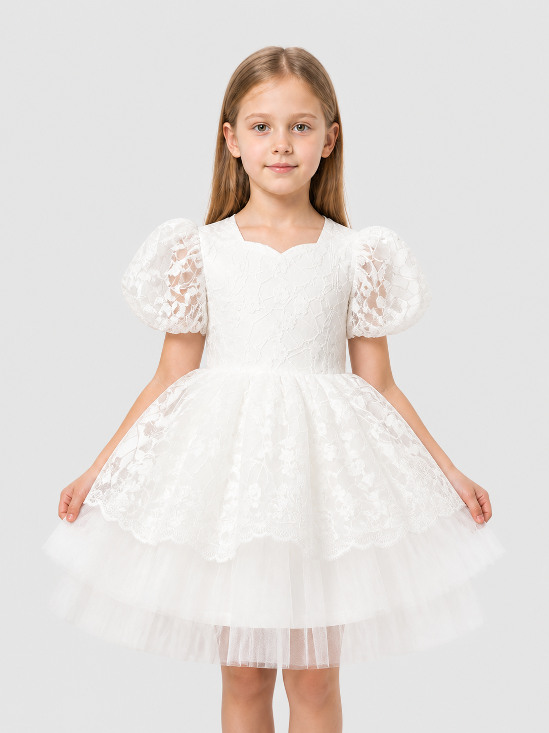 White Princess Dress for Girls with Lace and Full Skirt Costume Dresses detail 3