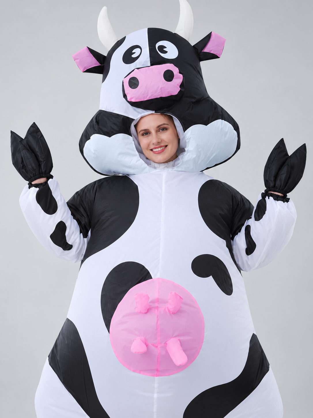 Inflatable Cow Costume with Horns and Pink Details
