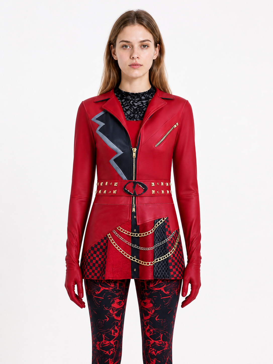 Red and Black Carnival Jumpsuit with Print and Zipper