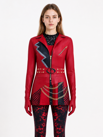 Red and Black Carnival Jumpsuit with Print and Zipper
