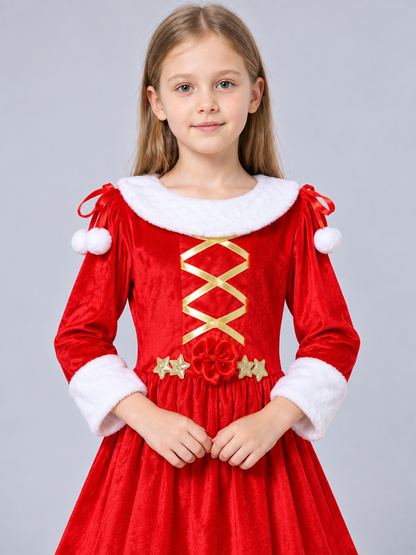 Kids' Christmas Dress with Gold Lacing and Stars