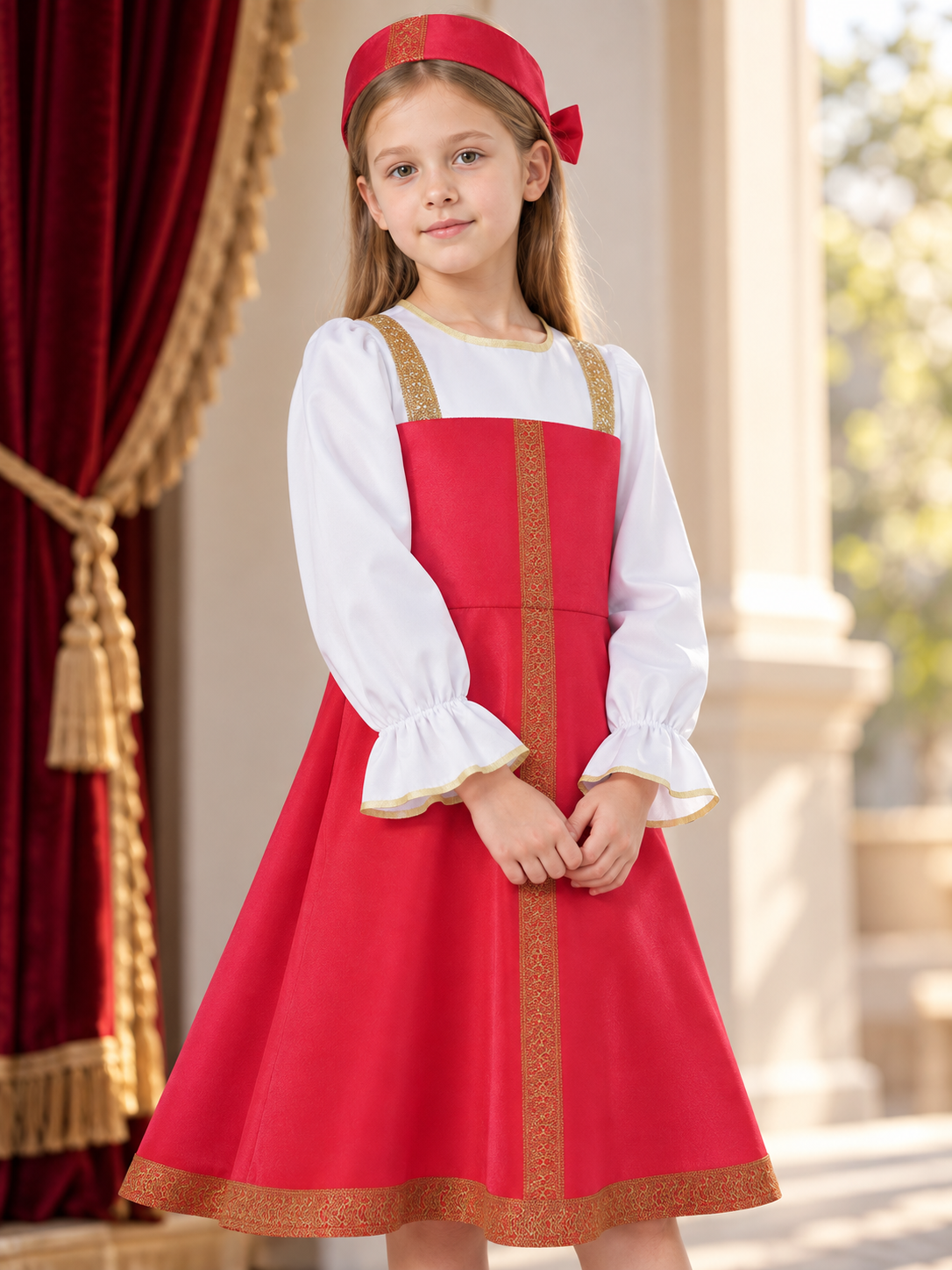 Red Folk Costume Dress for Cosplay with Gold-Tone Trim Costume Dresses detail 2