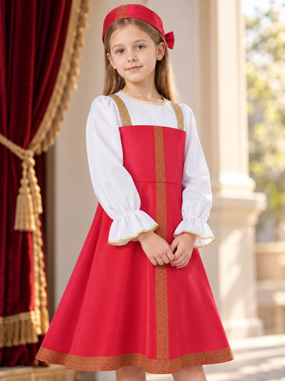 Red Folk Costume Dress for Cosplay with Gold-Tone Trim Costume Dresses detail 2