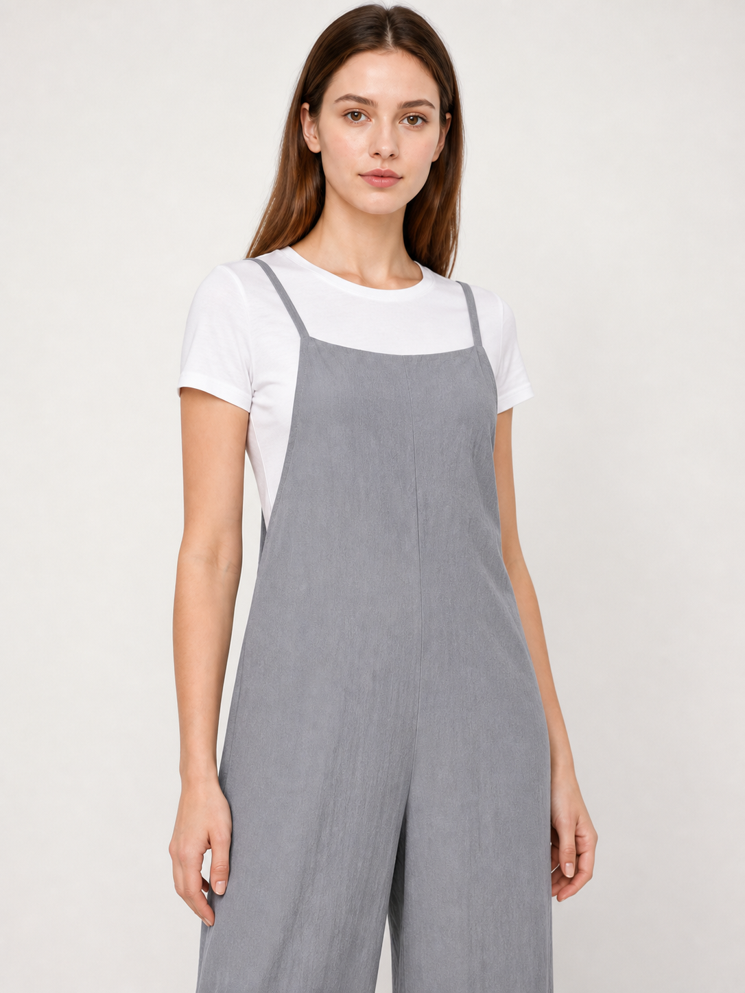 Gray Wide-Leg Cotton-Linen Bib Overalls with Straps