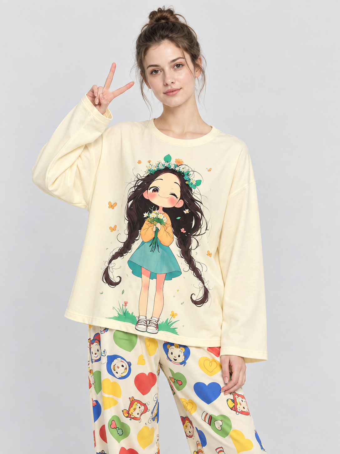 Pajama Set with Cartoon Print and Hearts