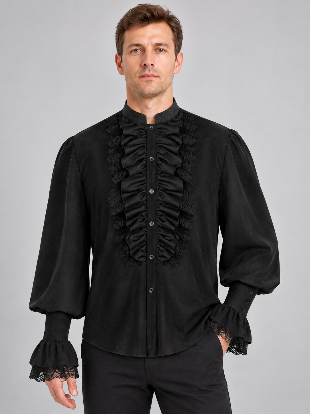 Black Renaissance-Style Shirt with Jabot and Lace
