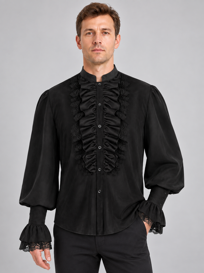 Black Renaissance-Style Shirt with Jabot and Lace