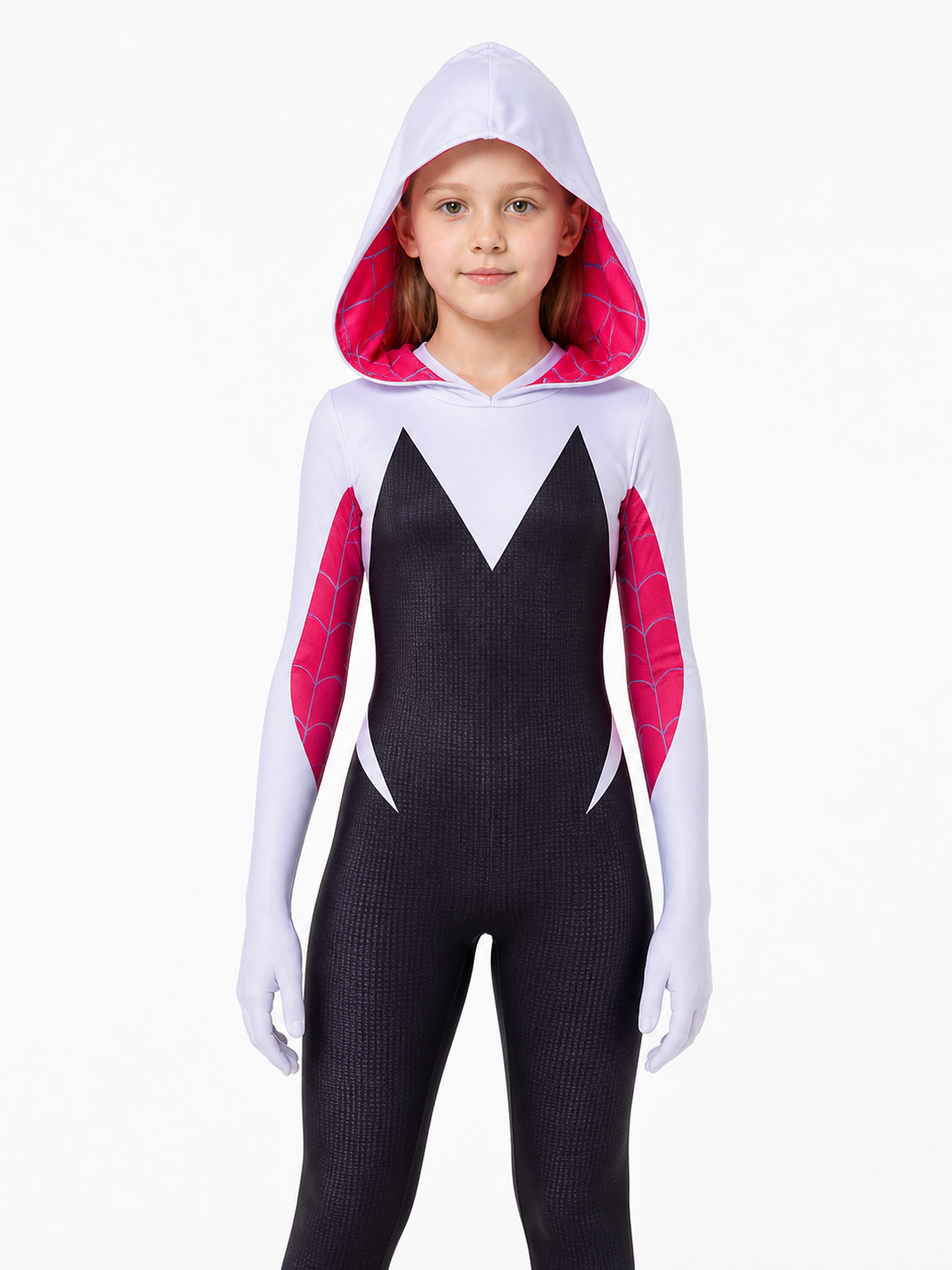Hooded superhero jumpsuit in red, white, and black product detail 3