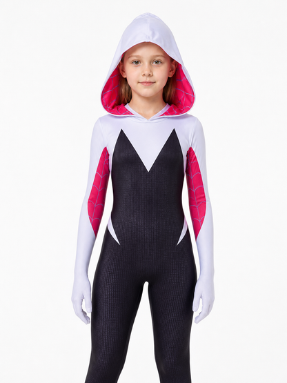 Hooded superhero jumpsuit in red, white, and black product detail 3
