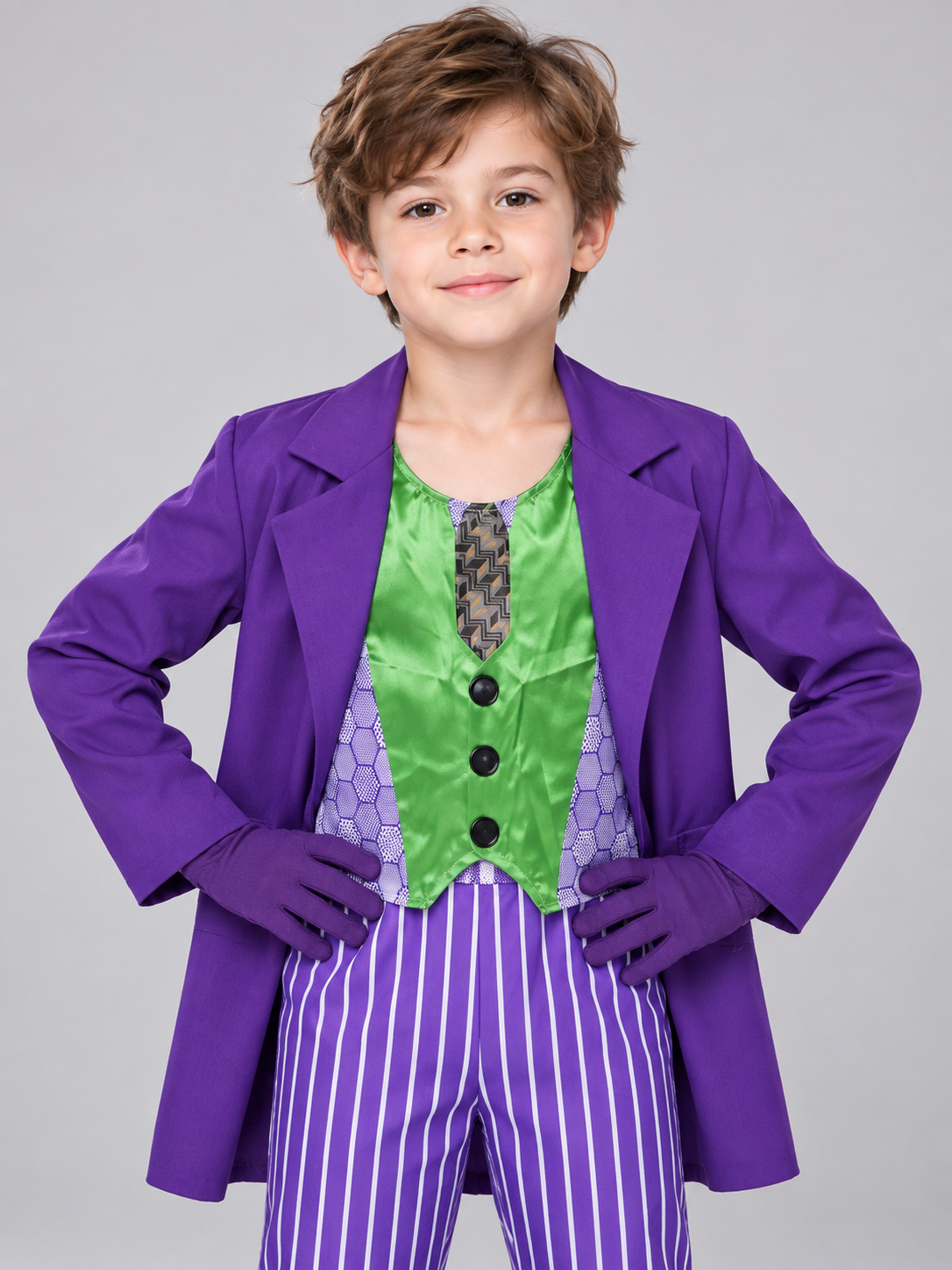 Kids' carnival costume with purple jacket and vest