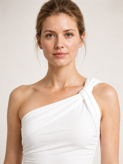 White One-Shoulder Crop Top with Crossed Knot Detail product detail 2