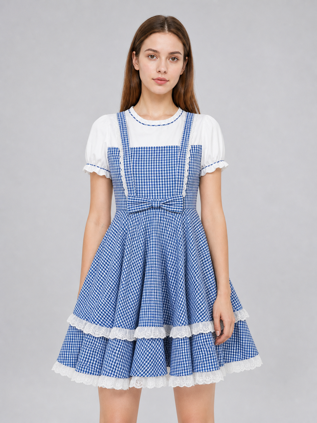 Retro-Style Plaid Dress with Socks and Bows