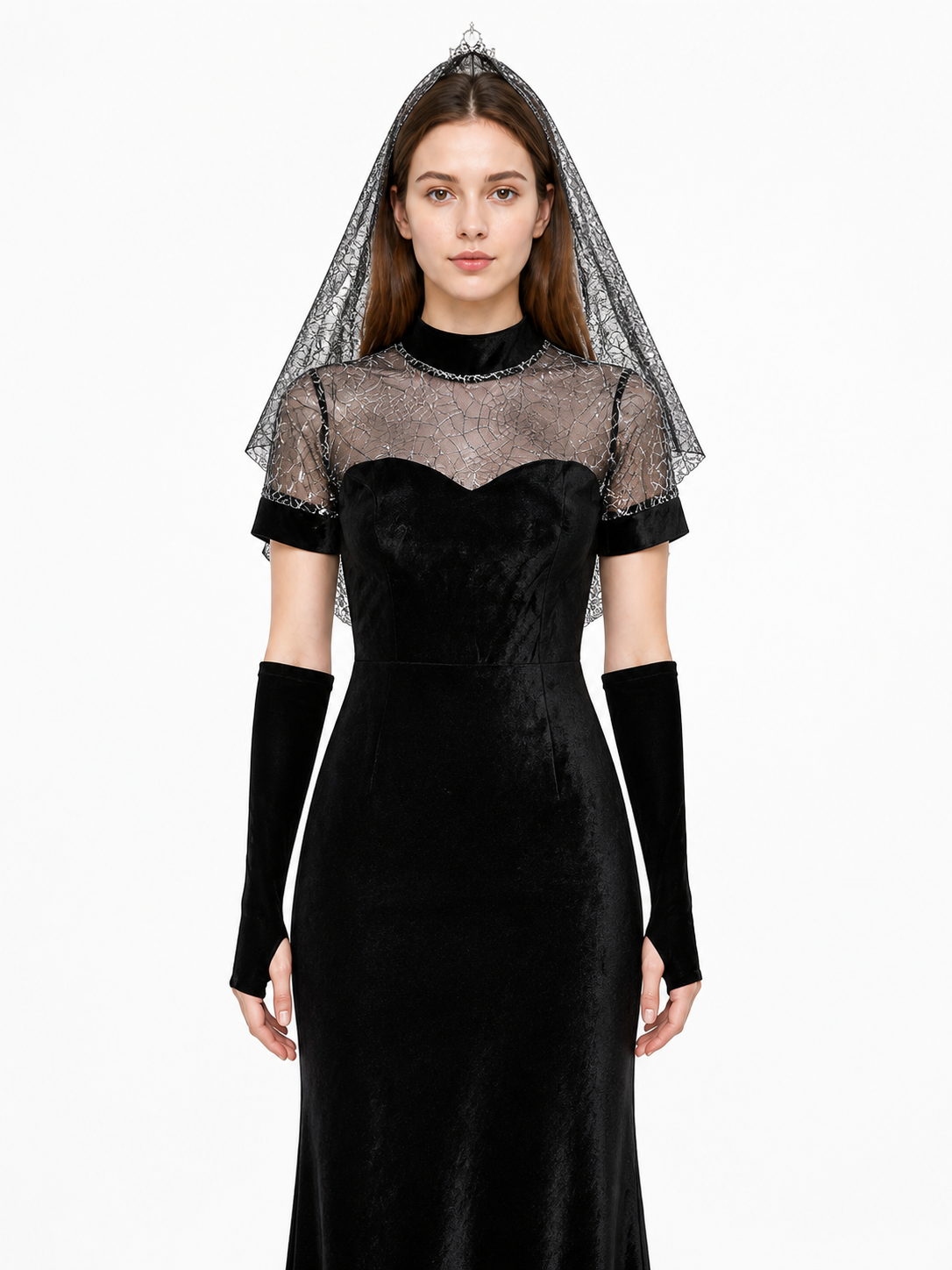 Black Cosplay Dress with Silver Web-Patterned Bodice Costume Dresses detail 3