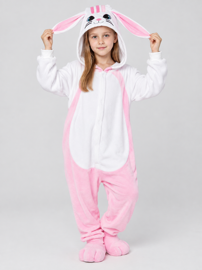 Pajama jumpsuit with bunny ears, white and pink