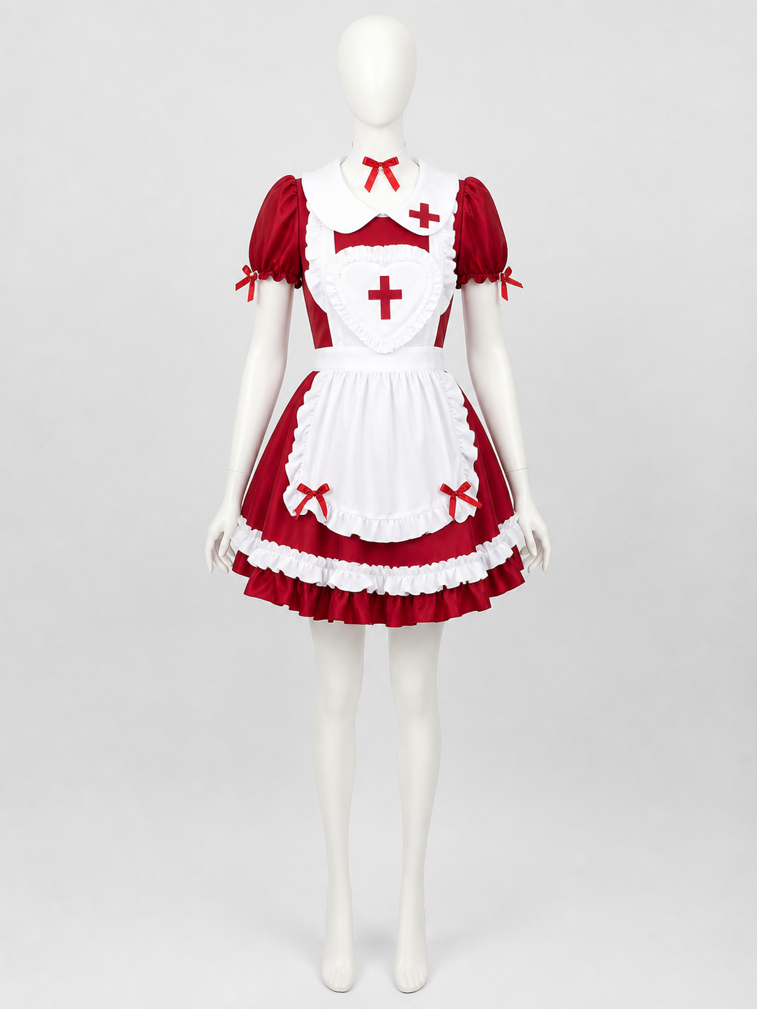 Lolita-Style Red and White Dress with Ruffles and Bows Costume Dresses detail 3