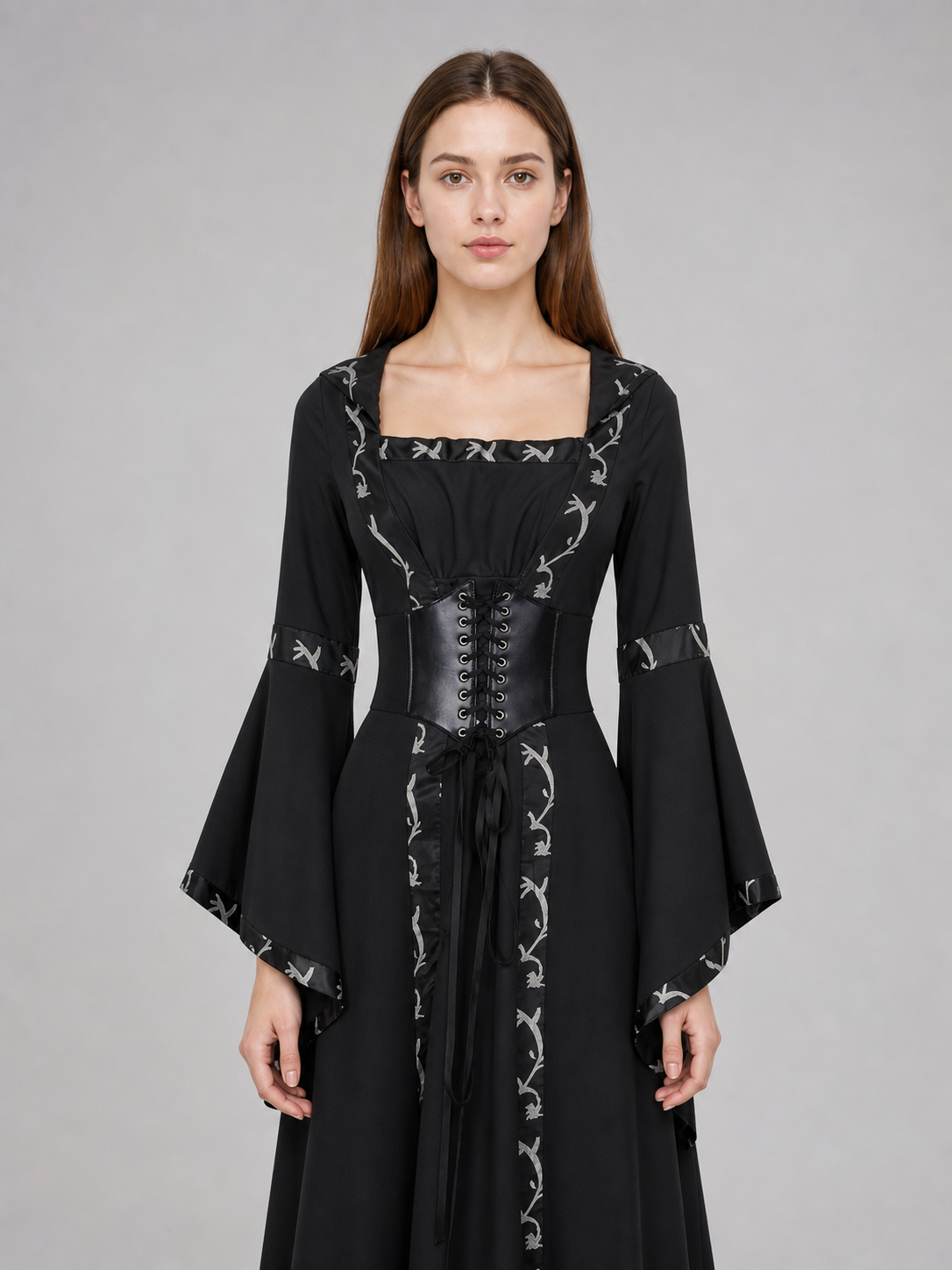 Gothic Long Hooded Dress with Lacing