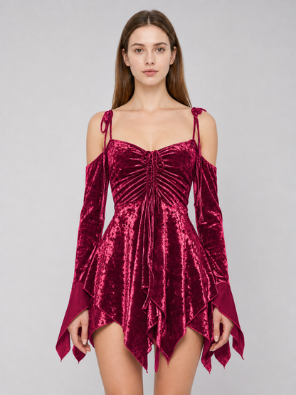 Velvet Mini Dress with an Asymmetrical Hem