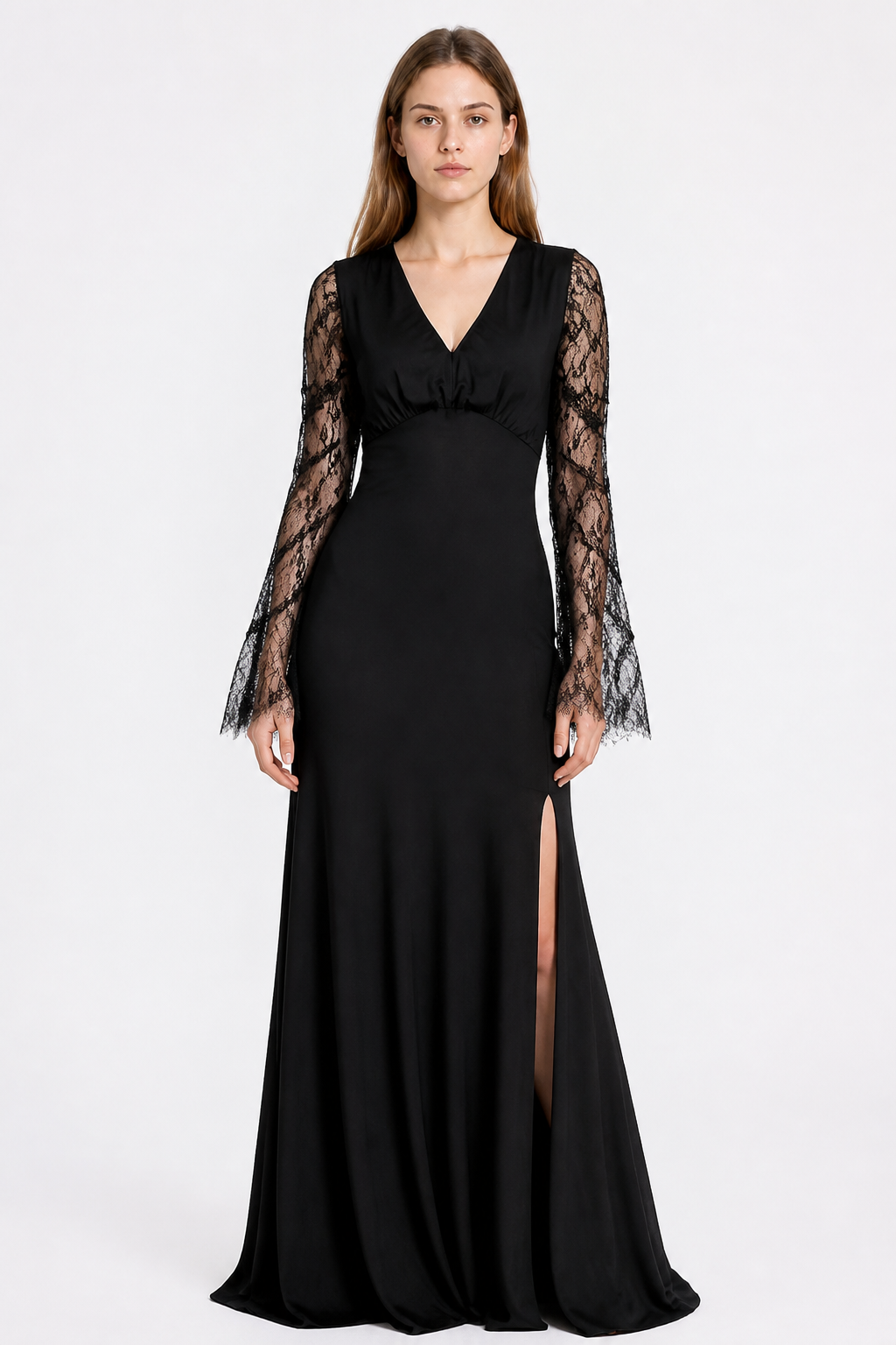 Black Dress with V-Neck and Lace Sleeves Costume Dresses detail 3