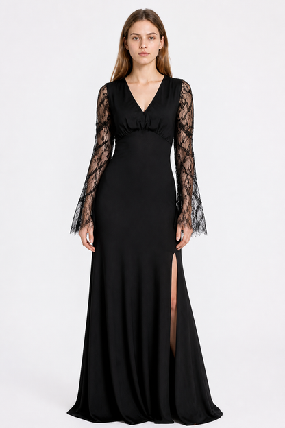 Black Dress with V-Neck and Lace Sleeves Costume Dresses detail 3
