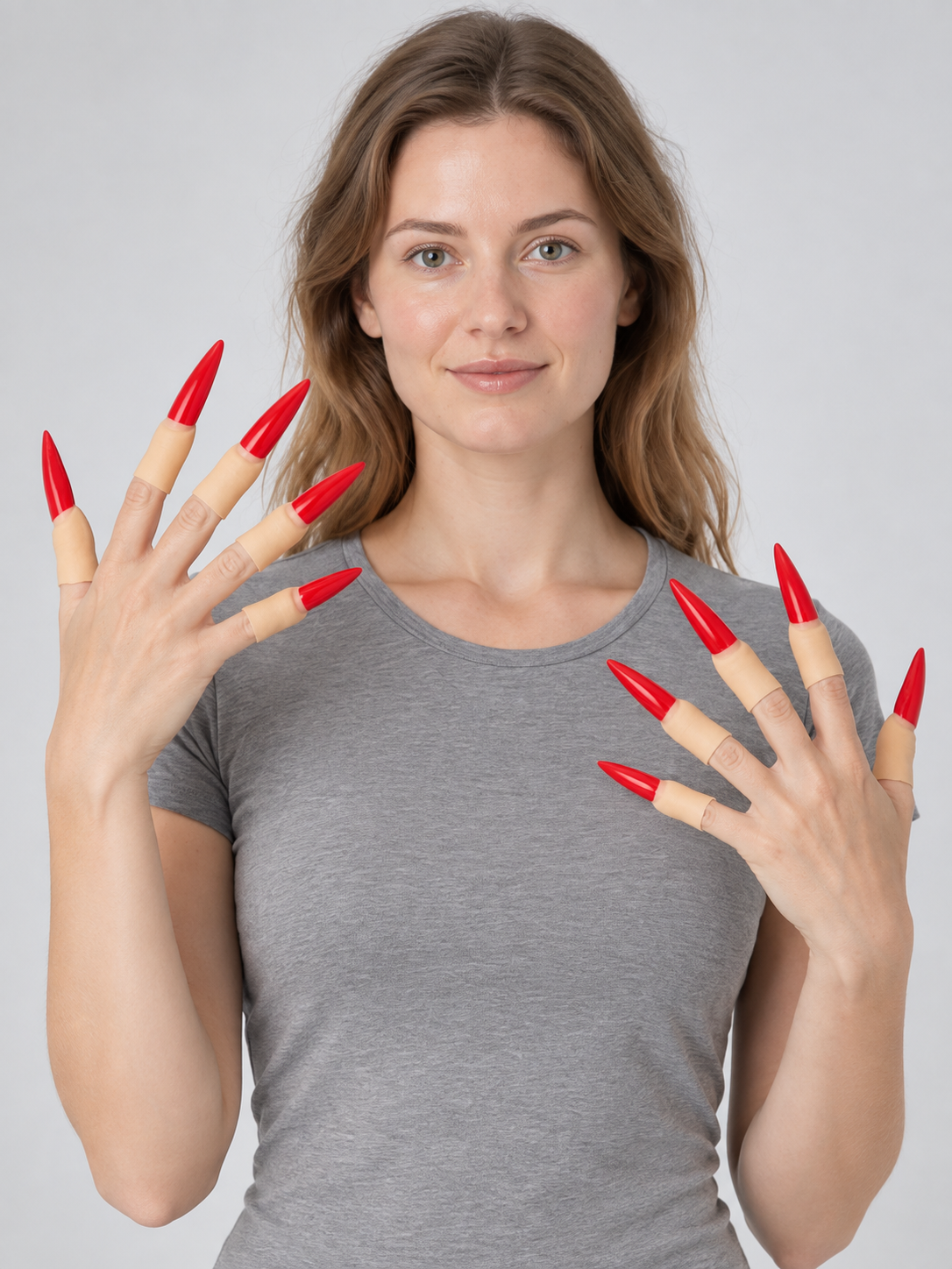 Long pointed red press-on nails, set of 10