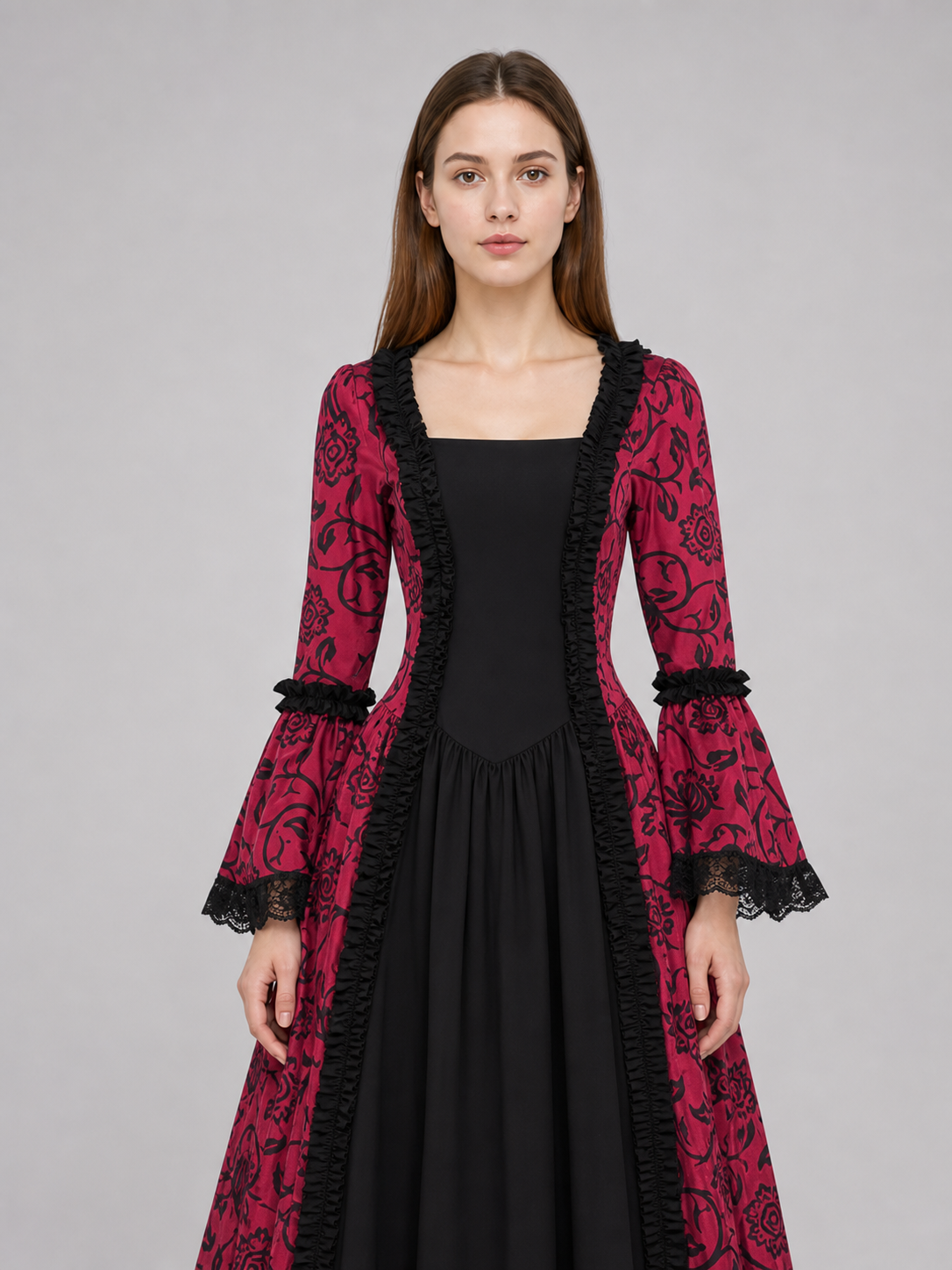 Women’s Gothic Medieval Court Costume Dress 2pcs Set With Neck Accessory, Red Black Scroll Print, Square Neck Long Sleeve Cosplay Outfit